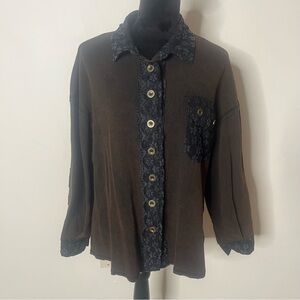 POL Women’s Black Lace‎ Brown Waffle Knit Contrast Button Up Oversized Top Sz S